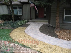 Front paver walk and seed installation with straw blanket